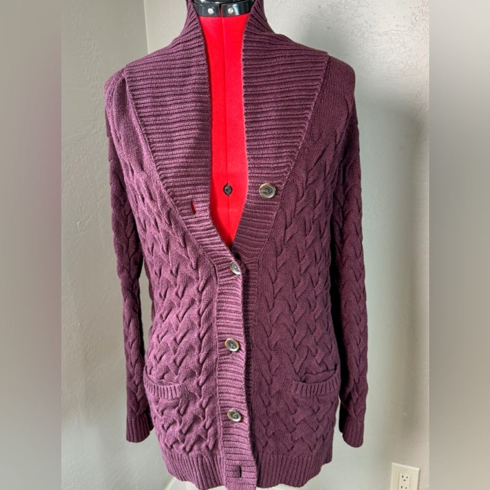 Lands’ End Drifter Burgundy Cotton Cable Knit Cardigan Sweater Size XS